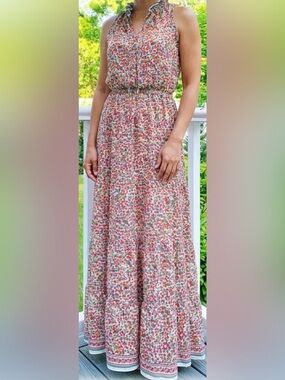 max studio elbow length sleeve print tiered maxi dress Elbow Length Sleeve Print Tiered Maxi Dress
